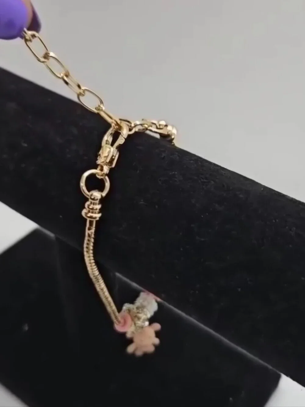 Heart and Teddy Bear Charm Bracelet Pink Zircon Heart Charm